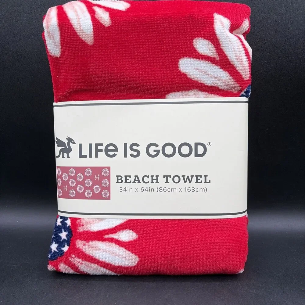 Life is Good Red Printed Beach Towel 34 x 64 in 100% Cotton Graphic Print